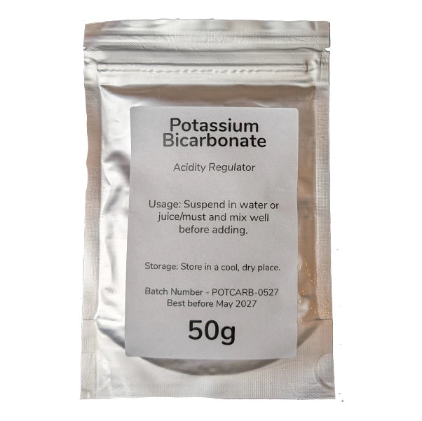 A 50g bag of Potassium Bicarbonate.