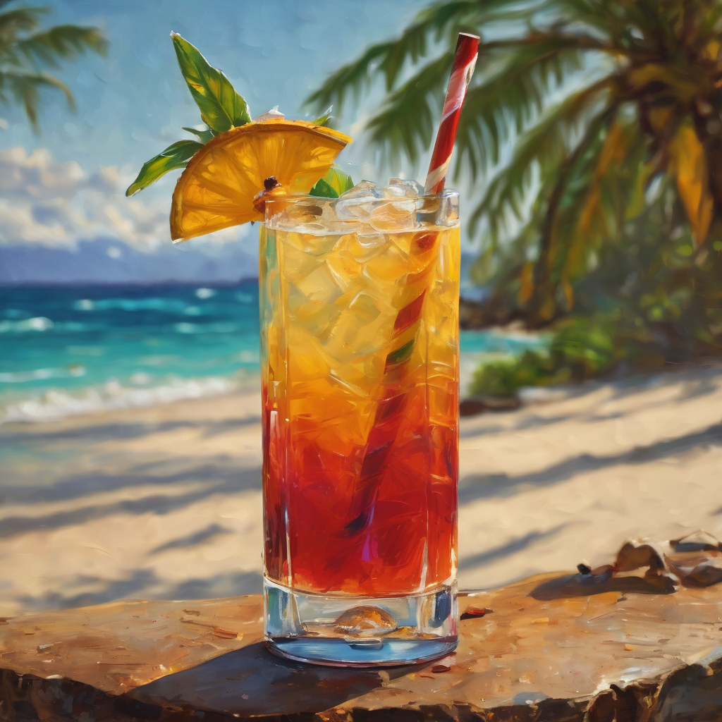 A painkiller cocktail with a beach in the background.