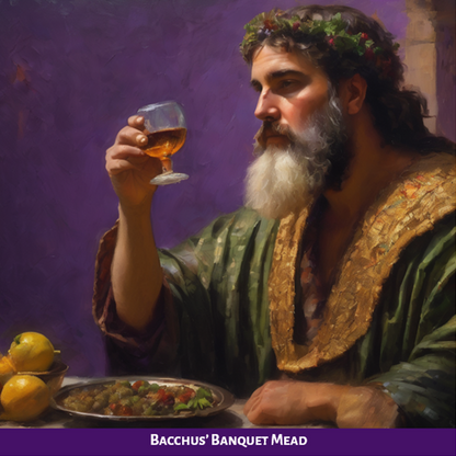 Bacchus, god of wine, holding a glass of mead at a feast.