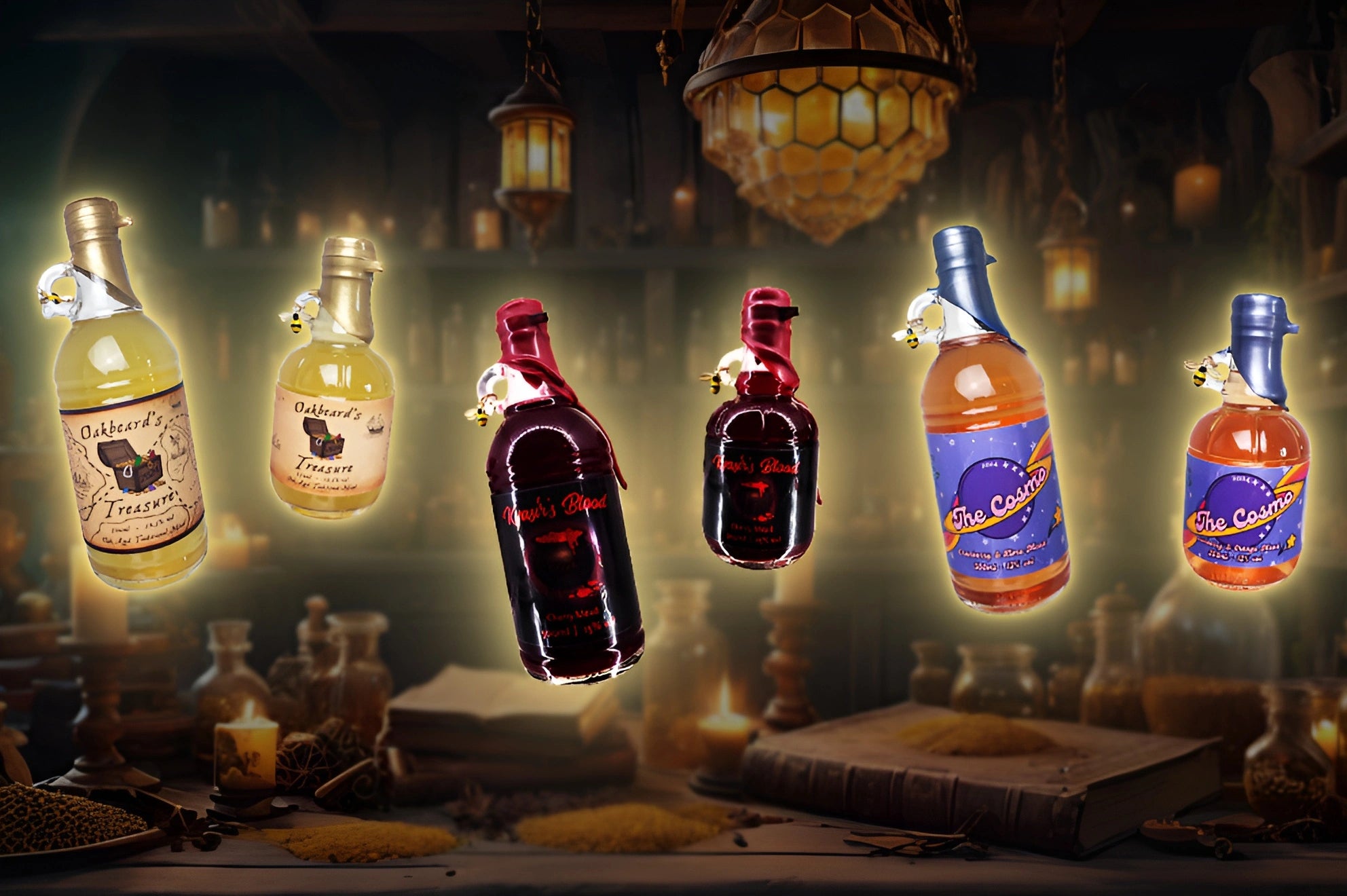 Bottles of mead float and glow from magical enchantments. The background is a dimly lit alchemist's laboratory.