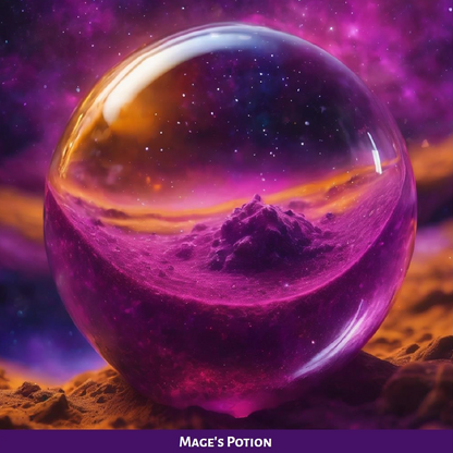 A crystal ball filled with stars and a purple liquid.