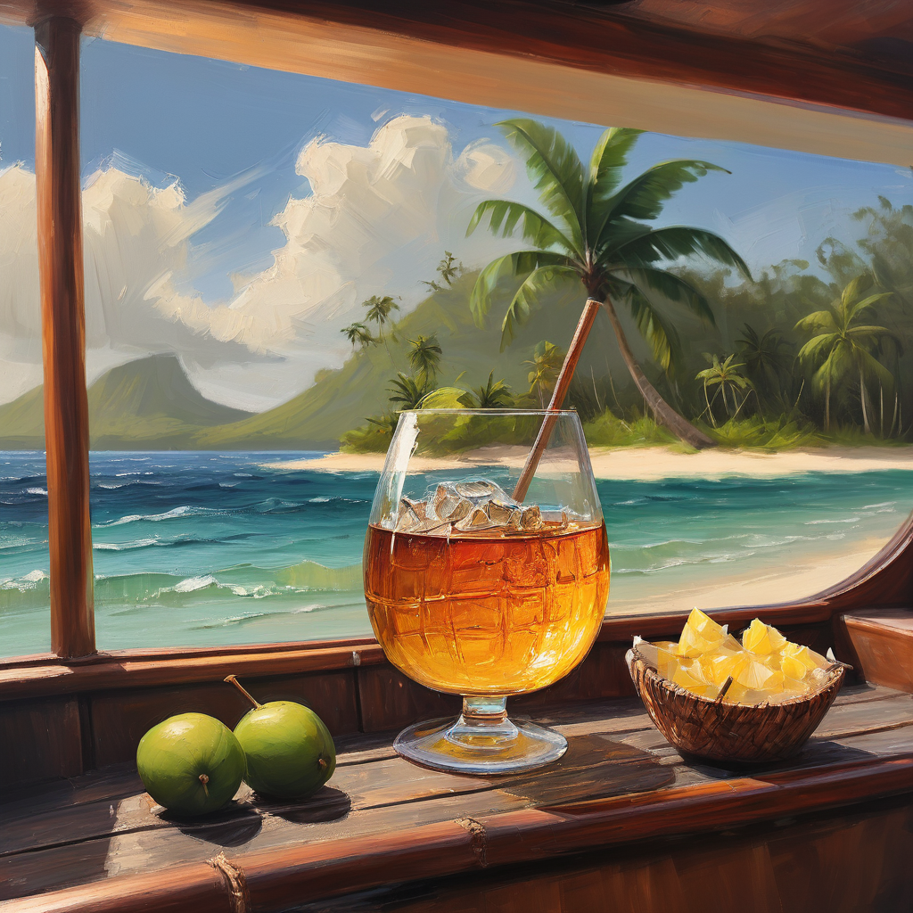 A glass of mead on a boat shelf overlooking a tropical coast.