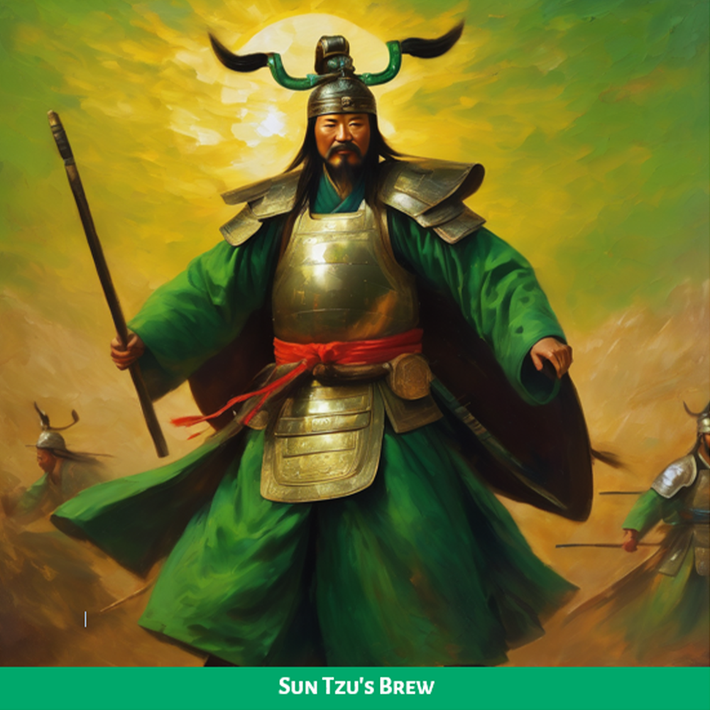 Sun Tzu holding a staff and wearing ancient samurai armour.