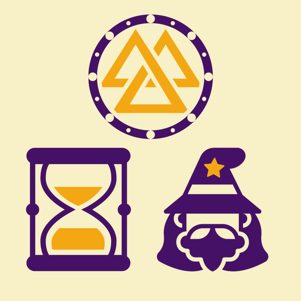 An hour glass, norse runic symbol, and a wizard wearing a hat.